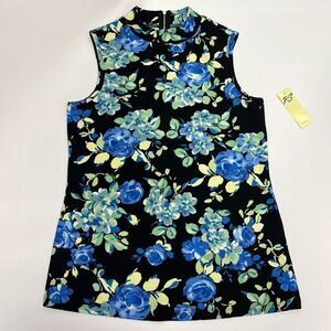 PerSeption Concept Black Blue Floral Mock Neck Sleeveless Blouse Size Medium
